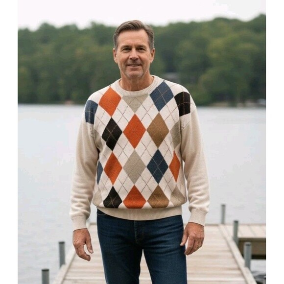 Vintage Woods & Gray Argyle Sweater Men's L Beige Orange Brown Size L Preppy - Picture 1 of 14